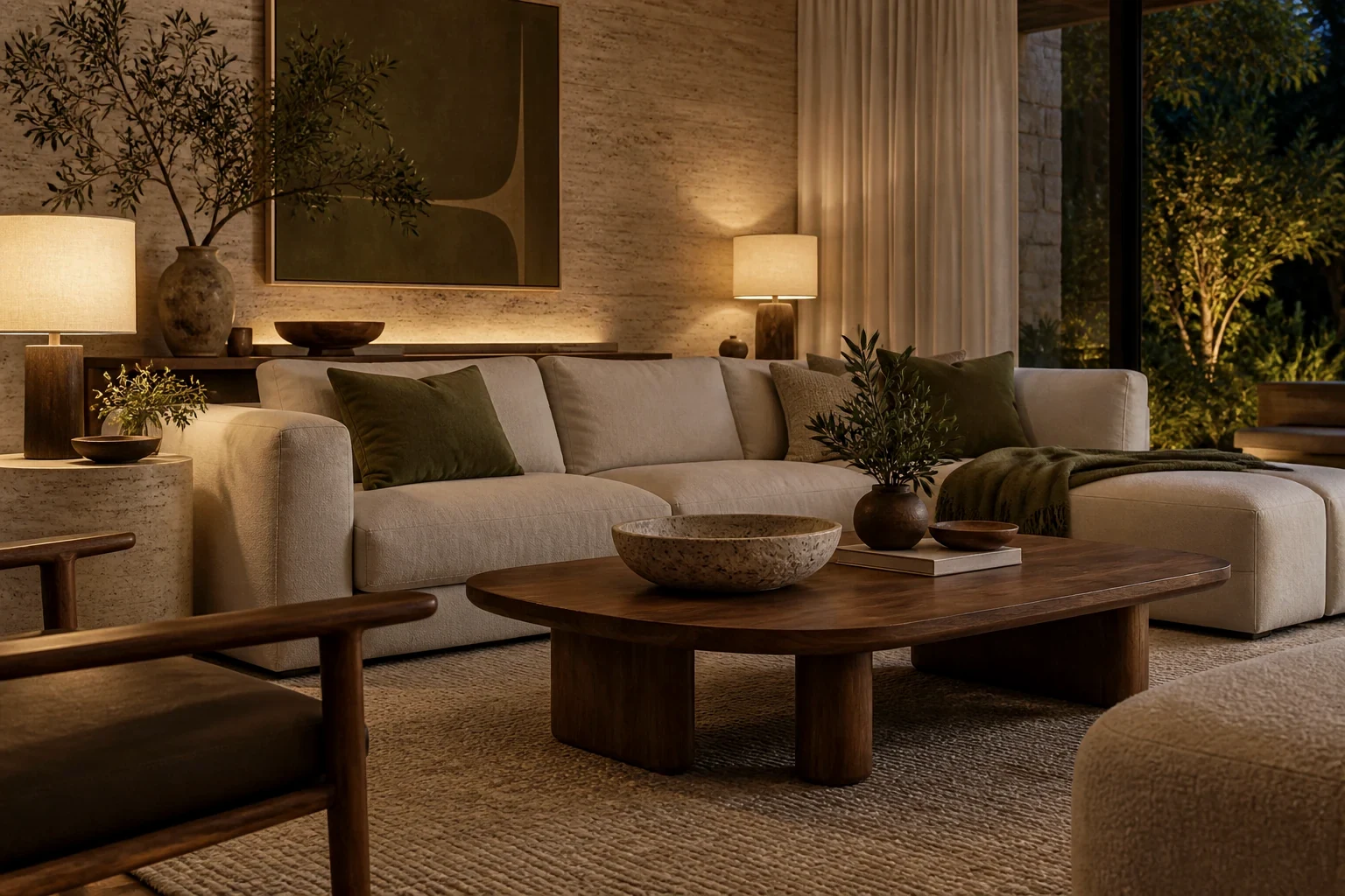 Ambiente à noite com iluminação embutida na marcenaria