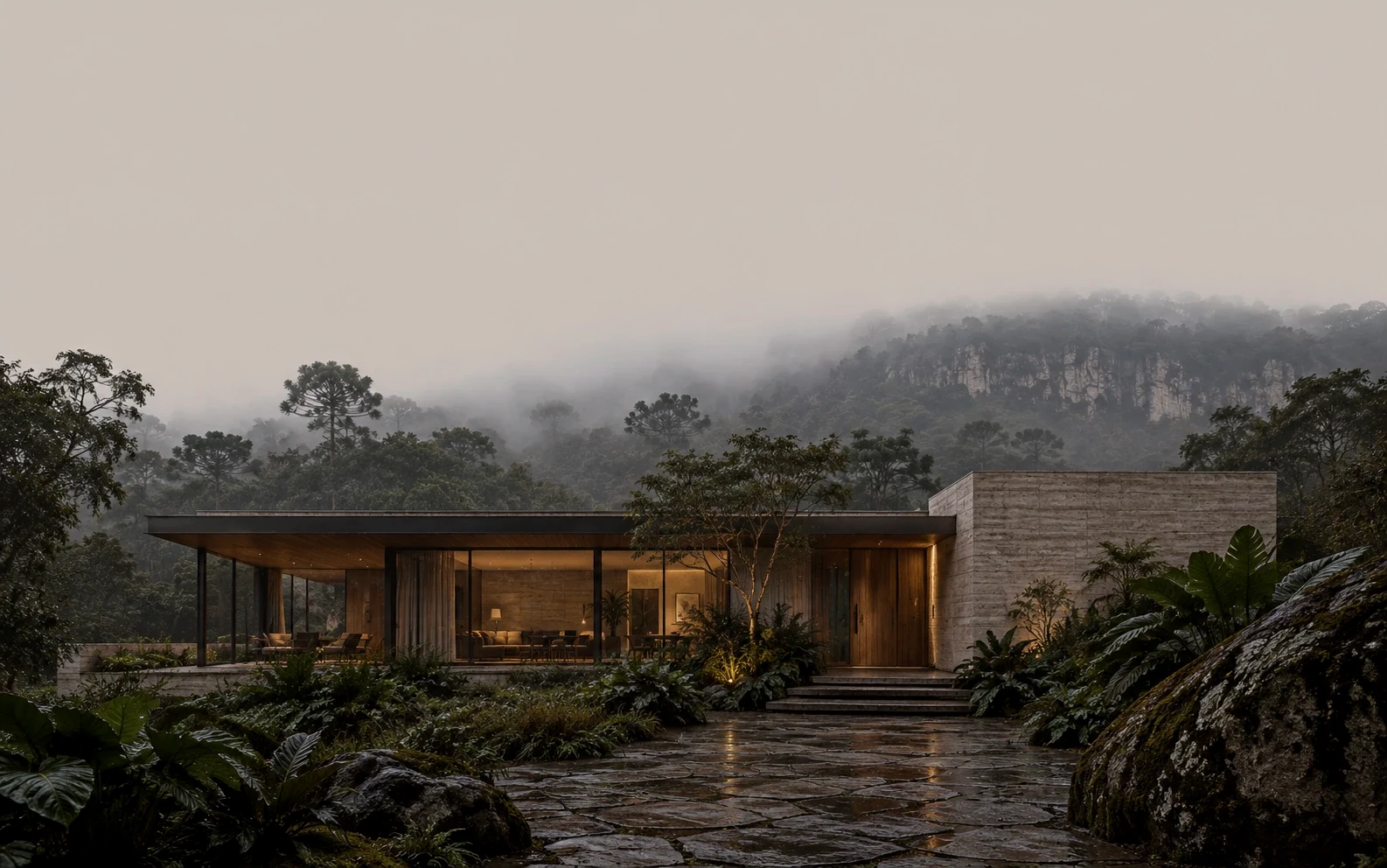 Casa de concreto e vidro em fim de tarde